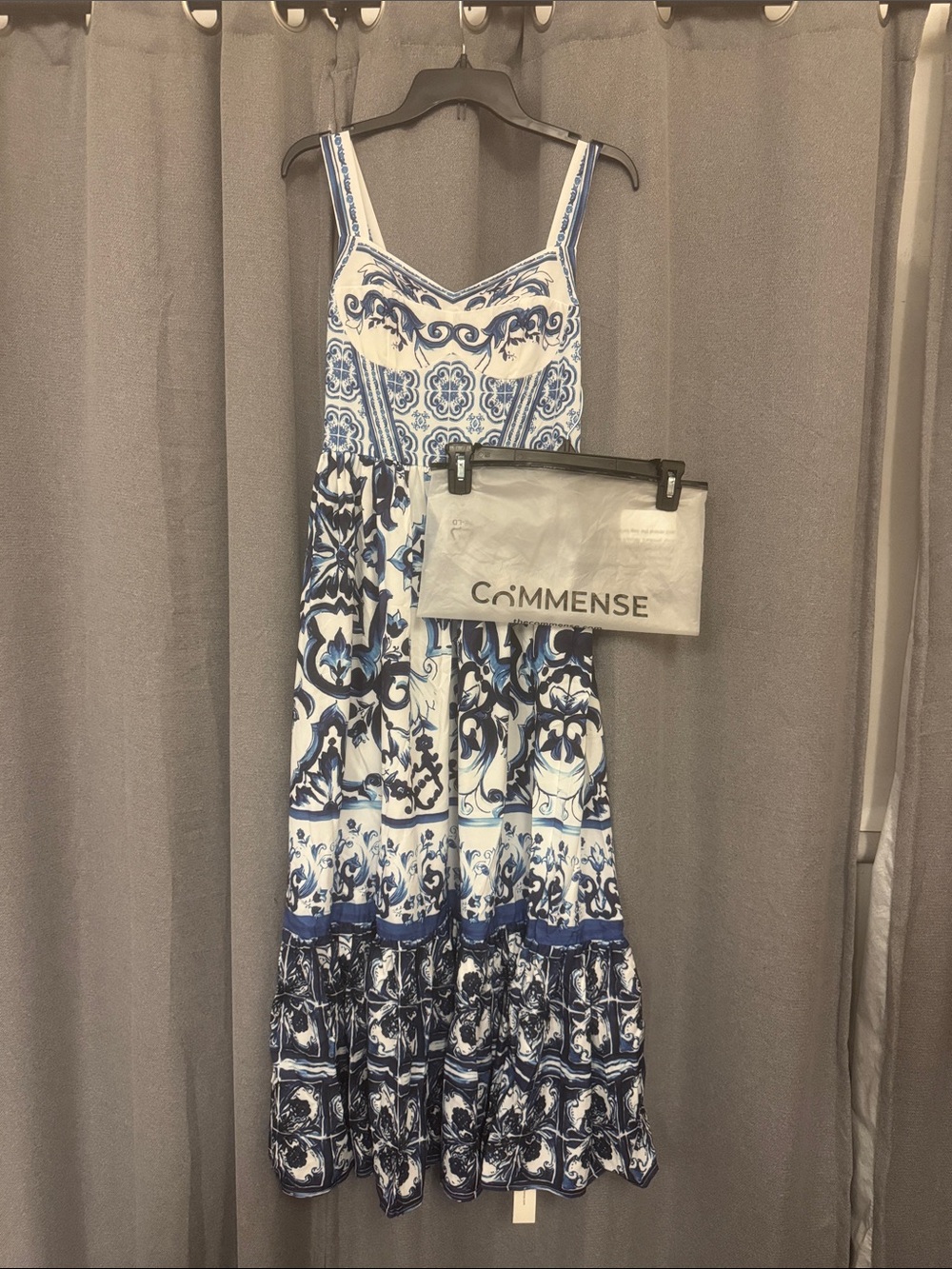 Commense White & Blue Printed Spaghetti-Strap Maxi Dress